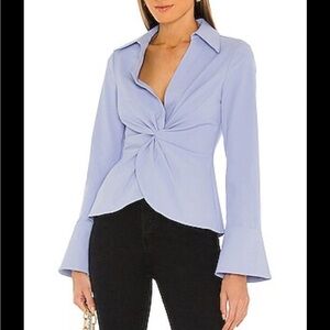 Cinq a Sept Gray Blouse with V-Neck Long Sleeves and Tie Front